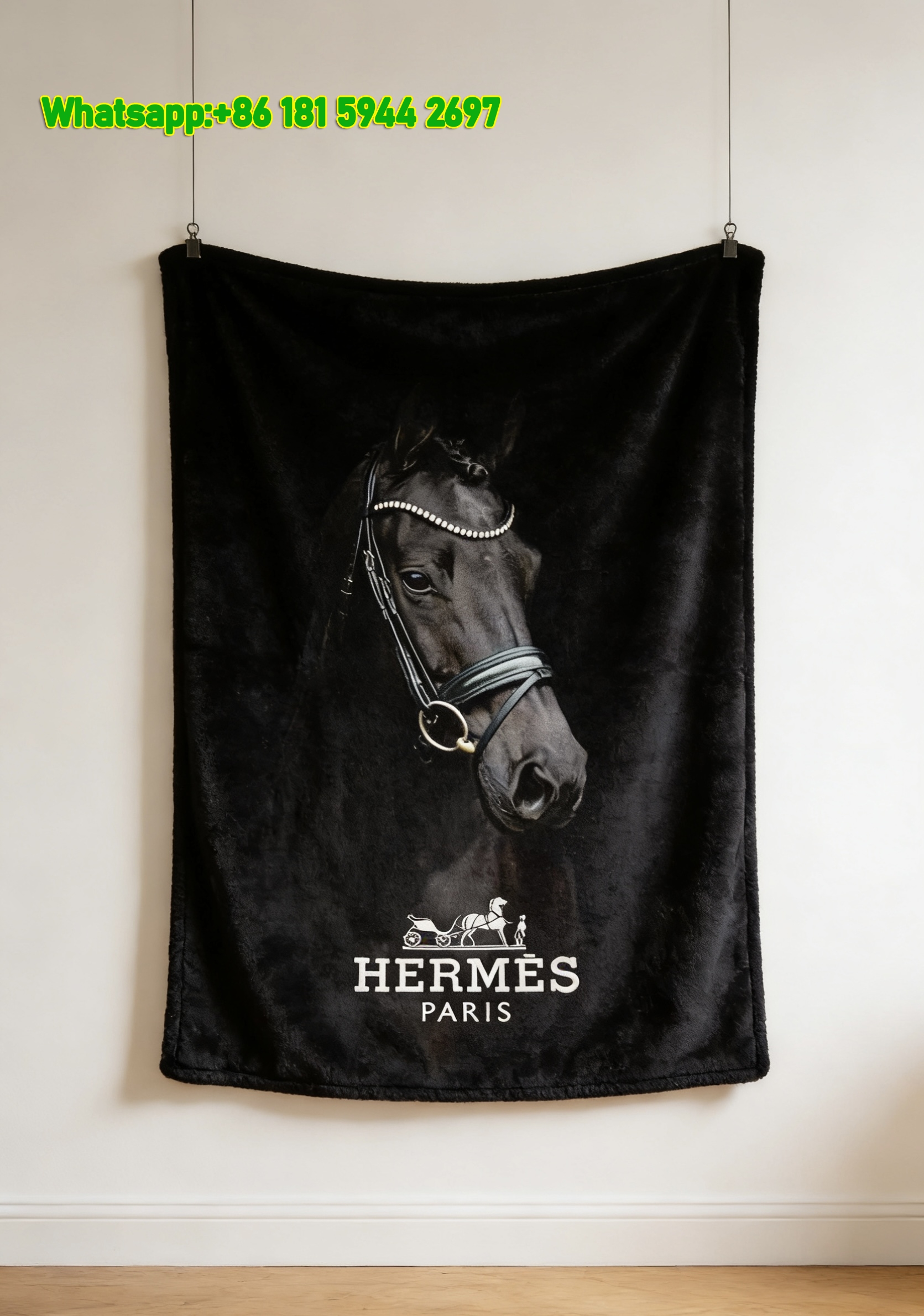 Hermès Black Horse with Pearl Browband Flannel Throw Blanket IMG_5073